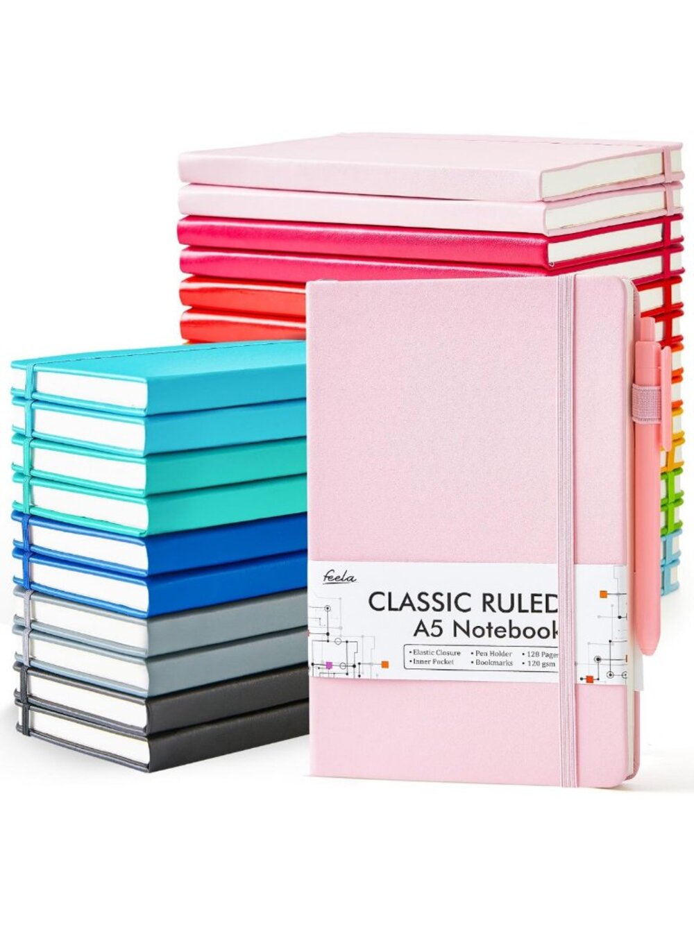 24 Pack Hardcover Lined Journals with Pen Holder & 24 Black Pens - A5 Note
